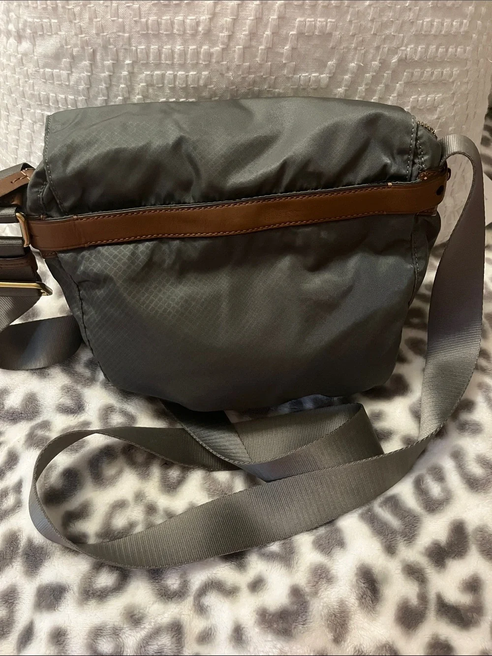 Tumi Grey Crossbody Bag with Brown Leather Trim